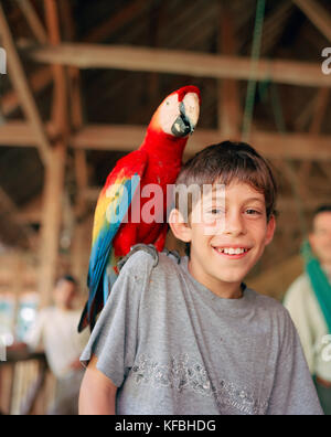 PERU, Regenwald des Amazonas, Südamerika, Lateinamerika, Porträt einer Asa mit Ara Vogel sitzt auf seiner Schulter am Tambopata Research Center. Stockfoto