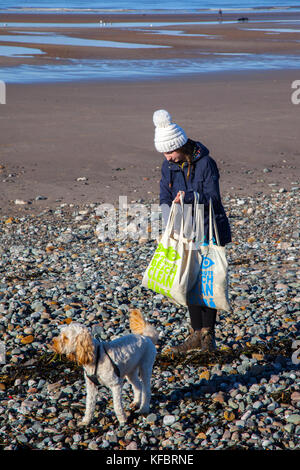 Freiwillige Reinigung Strand bei Cleveleys, Lancashire. 27. Oktober, 2017. UK Wetter. Breezy Tag und kühlen Temperaturen an der Küste. Freiwillige Kunststoff wurf Picker im Rahmen der Strand sauber und Wurf Vermessung Veranstaltung an den Küsten Großbritanniens, die plastik Müll, auf Ufer gespült hat. Stockfoto