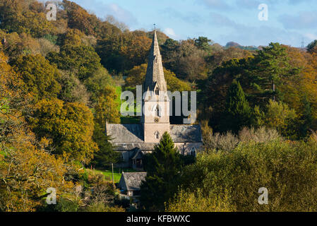 Monkton wyld, Dorset, Großbritannien. 27. Oktober 2017. Der britische Wetter. Ein herbstlicher Blick auf die Kirche von Bäumen im Herbst Farben im Dorf Monkton wyld umgeben, in der Nähe von Lyme Regis in Dorset an einem warmen, sonnigen Morgen. Foto: Graham Jagd-/alamy leben Nachrichten Stockfoto