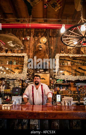 Usa, Alaska, Juneau, Jay, der Barkeeper zwischen Getränke im Red Dog Saloon in der Innenstadt von Juneau Pausen
