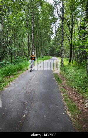 Usa, Alaska, Anchorage, Personen folgen Sie der asphaltierten Wegen durch die Bäume beim Radfahren entlang der Uferpromenade Stockfoto