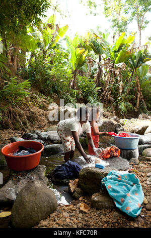 MAURITIUS, Bois Cherie, Mutty Megah (Alter 63) ihre Kleidung in einem kleinen Bach hinter ihrem Haus wäscht Stockfoto