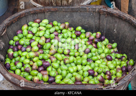 Frisch grüne und schwarze Oliven in einem Holzkorb geerntet für Verkauf bei Sineu Markt, Mallorca, Spanien Stockfoto