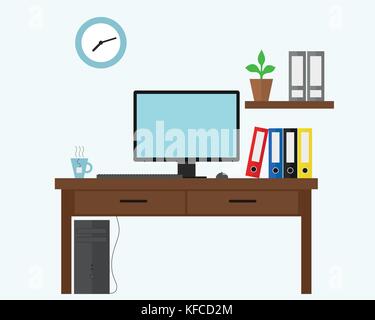 Vector Abbildung: Blau Büro mit Computer unter dem Schreibtisch, Dateien und Dokumente Kisten und eine heiße Tasse Tee Stock Vektor