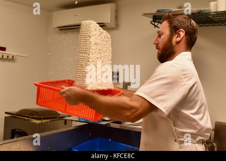 Käser Jesse Johnson Hand umdrehen Käse in Fabrik in Door County Creamery in Door County Gemeinschaft der Schwester Bay, Wisconsin, USA. Stockfoto