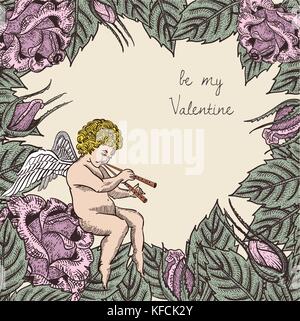 Valentine Karte mit Amor und Rosen Stock Vektor