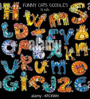 Lustige Katzen Doodles, helle Farbe, isoliert auf Schwarz Stock Vektor