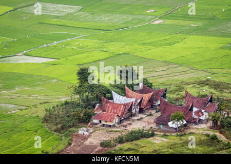 Batak traditionelle Häuser Luftaufnahme. Meer der grünen Landschaft und Batak Dorf bestehend aus einzigartigen Häuser der indigenen Kultur der Batak in Sumatra Stockfoto