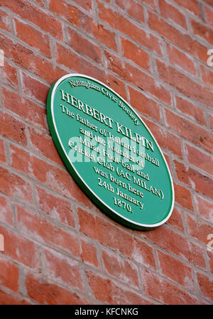 Eine Gedenktafel an Herbert Kilpin, dem Gründer des AC Mailand, an der 191 Mansfield Road in Nottingham. Stockfoto