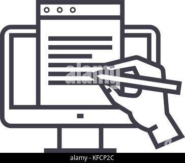 Blogging, Monitor mit hand Konzept Vektor thin line Icon, Symbol, Zeichen, Abbildung auf isolierte Hintergrund Stock Vektor