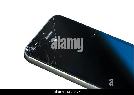 Gebrochene smart phone auf weißem Hintergrund Stockfoto