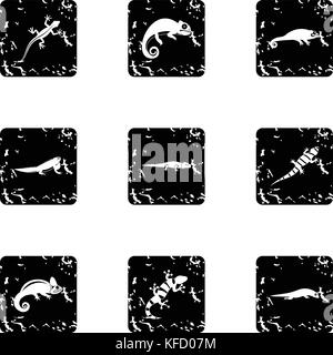 Iguana Symbole gesetzt, grunge Stil Stock Vektor