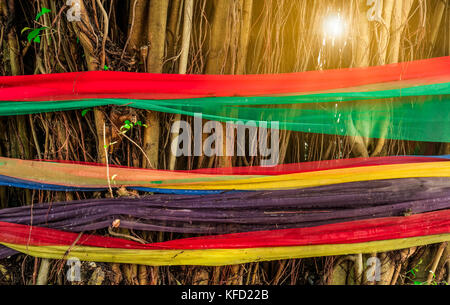 Fünf Farben Stoff umwickeln den Baum mit Fackel Licht. Der Glaube der Thailänder. Wege zum Umweltschutz. Schützen Sie Bäume vor dem Abschneiden. Stockfoto
