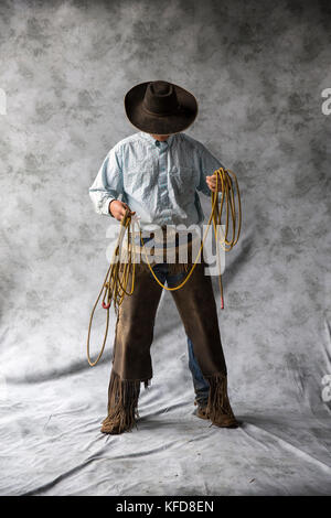 USA, Oregon, Enterprise, Porträt von Cowboy Cody Ross auf der Snyder Ranch zwischen Enterprise und Joseph im Nordosten von Oregon Stockfoto