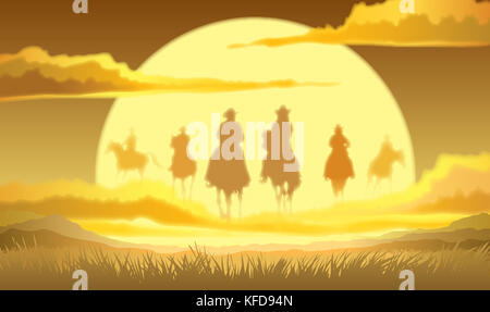 Team der Cowboys silhouette Galoppieren im Himmel gegen einen Sonnenuntergang Hintergrund Stockfoto