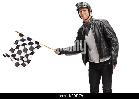 Biker winkt ein Rennen mit karierten Flagge auf weißem Hintergrund Stockfoto