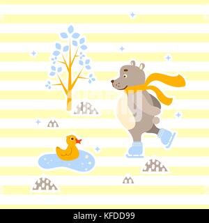 Cute bear und Ente freunden Schlittschuh Vector Illustration für Drucken. Stock Vektor