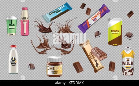 Digitale vektor Tafeln Schokolade und Milch Flasche Paket mockup Stock Vektor