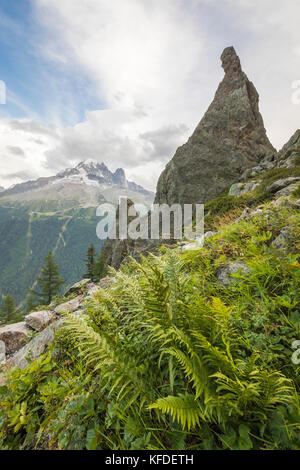 Aiguille du dru und Aiguille Verte von der Aiguillette D'Argentiere auf dem Weg nach Lacs De Cheserys, Haute Savoie, Frankreich Stockfoto