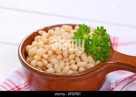 Topf in der Dose weiße Bohnen auf karierten Geschirrhandtuch - Nahaufnahme Stockfoto