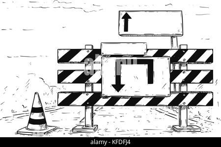 Vektor cartoon Zeichnung des Straßenverkehrs block stop Umweg mit leer Leer Werbetafeln. Stock Vektor