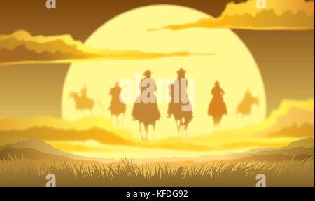 Team der Cowboys silhouette Galoppieren im Himmel gegen einen Sonnenuntergang Hintergrund Stock Vektor