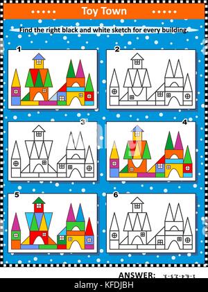 Visuelle Rätsel: Die rechte schwarze und weiße Skizze für jeden bunten Bild von Spielzeug Stadt Gebäude finden. Antwort enthalten. Stock Vektor