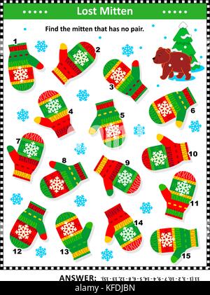 Winter, Weihnachten oder Neujahr themed visuelle Puzzle (geeignet sowohl für Kinder und Erwachsene): suchen Sie die Handschuh, dass keine Paar hat. Antwort enthalten. Stock Vektor