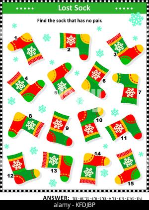 Winter, Weihnachten oder Neujahr themed visuelle Puzzle (geeignet sowohl für Kinder und Erwachsene): Die Socke, dass keine Paar hat finden. Antwort enthalten. Stock Vektor