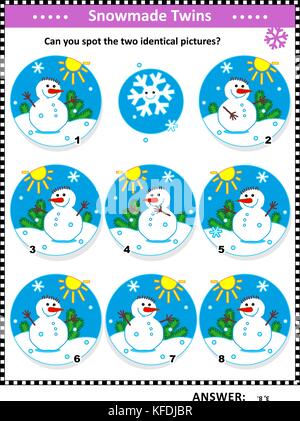 Winter, Weihnachten oder Neujahr themed visuelle Puzzle mit schneemänner: Erkennen Sie den zwei identische Bilder? Antwort enthalten. Stock Vektor