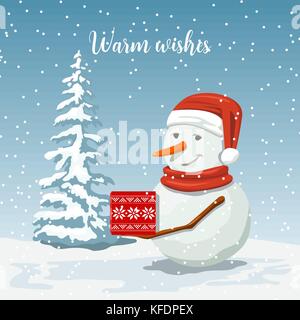 Freundliche Schneemann in einer santa hut. lächelnd Frosty mit einem Geschenk. Winterlandschaft mit Silhouette weihnachten Tanne. Vector Illustration Stock Vektor