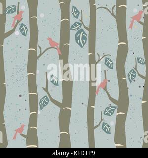 Nahtlose baum Muster mit großen Vögel und Blätter. Vector Illustration. Stock Vektor