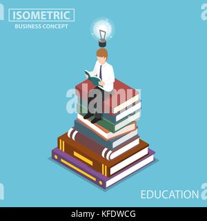 Wohnung 3 d isometrische Geschäftsmann lesen oben im Stapel buchen. Lernen und Bildung Konzept. Stock Vektor