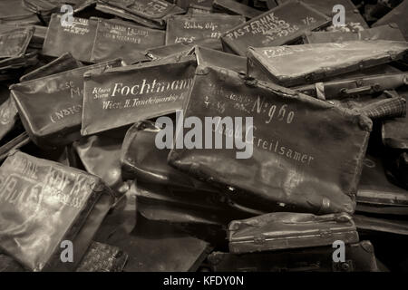 OSWIECIM, POLEN - 18. August 2015: Namen auf Koffern in Auschwitz, dem größten Konzentrationslager der nazis Europas, geschrieben in Oswiecim, Polan Stockfoto