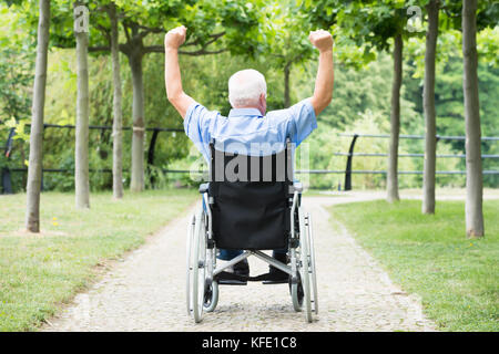 Rückansicht älterer Mann auf Rollstuhl hob seinen Arm in Park Stockfoto