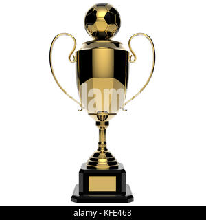 Fußball Golden Award Trophäe auf weißem Hintergrund mit Freistellungspfad isoliert. Stockfoto