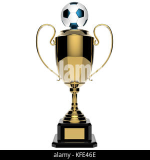 Fußball Golden Award Trophäe auf weißem Hintergrund mit Freistellungspfad isoliert. Stockfoto