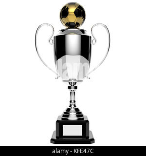 Fußball Silber Award Trophäe auf weißem Hintergrund mit Freistellungspfad isoliert. Stockfoto