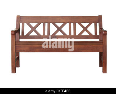 Holzbank. auf weißem Hintergrund mit Freistellungspfad isoliert. Stockfoto