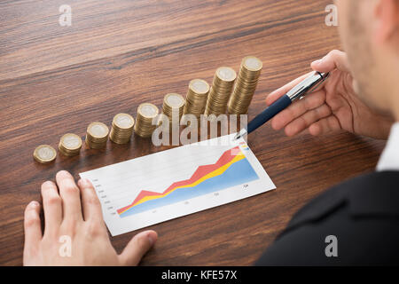 Nahaufnahme der Geschäftsmann Analyse der Grafik vor gestapelte Münzen Stockfoto