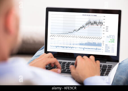 Nahaufnahme eines Geschäftsmannes Analyse Börse Grafik auf Laptop Stockfoto