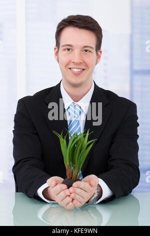 Portrait von selbstbewussten jungen Geschäftsmann holding Setzlinge im Büro Schreibtisch Stockfoto