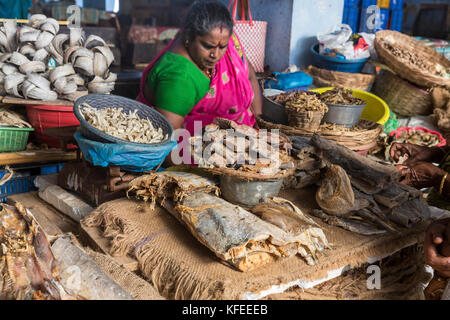 PONDICHERY, PUDUCHERY, Indien - SEPTEMBER 09, 2017. Unbekannter indischer Frauen Verkaufen getrocknete Fische auf dem Markt im Freien. Stockfoto