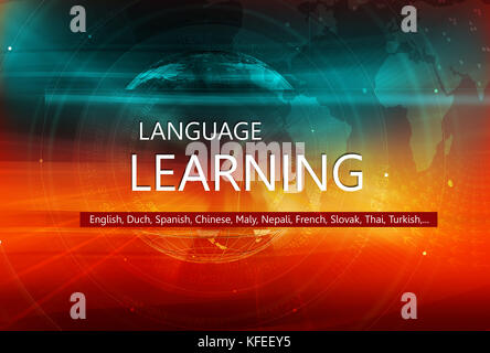 Fremdsprachen lernen, grafischen Hintergrund mit Globus und Sprachenlernen Text Transparent, Bar. 3D-Illustration, 3D-Rendering Stockfoto