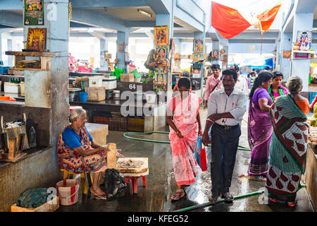 PONDICHERY, PUDUCHERY, Indien - SEPTEMBER 09, 2017. Unbekannter indischer Frauen Verkaufen getrocknete Fische auf dem Markt im Freien. Stockfoto