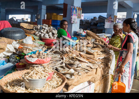 PONDICHERY, PUDUCHERY, Indien - SEPTEMBER 09, 2017. Unbekannter indischer Frauen Verkaufen getrocknete Fische auf dem Markt im Freien. Stockfoto