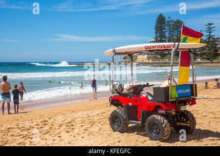 Dee Why Beach an den nördlichen Stränden von Sydney und Rettungsschwimmer Surfen Rettungsflaggen und Surf Patrol Fahrzeug Buggy Sydney, Australien Stockfoto