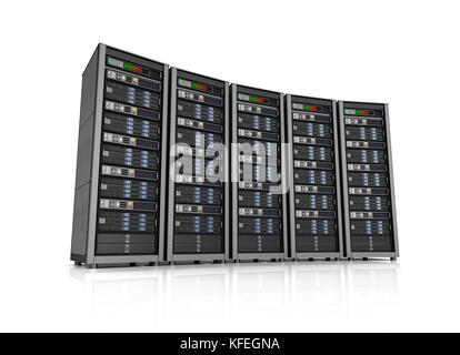 Reihe von Netzwerk-Servern im Data center isolierten auf weißen Hintergrund. 3D illustration Stockfoto