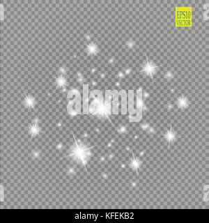 Satz weiß leuchtende Lichter Auswirkungen auf transparentem Hintergrund isoliert. Sun Flash mit Rochen und Spotlight. Glow Light Effect. Star Burst mit funkelt Stock Vektor