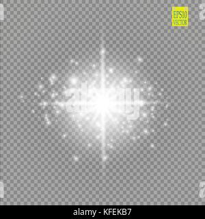 Satz weiß leuchtende Lichter Auswirkungen auf transparentem Hintergrund isoliert. Sun Flash mit Rochen und Spotlight. Glow Light Effect. Star Burst mit funkelt Stock Vektor